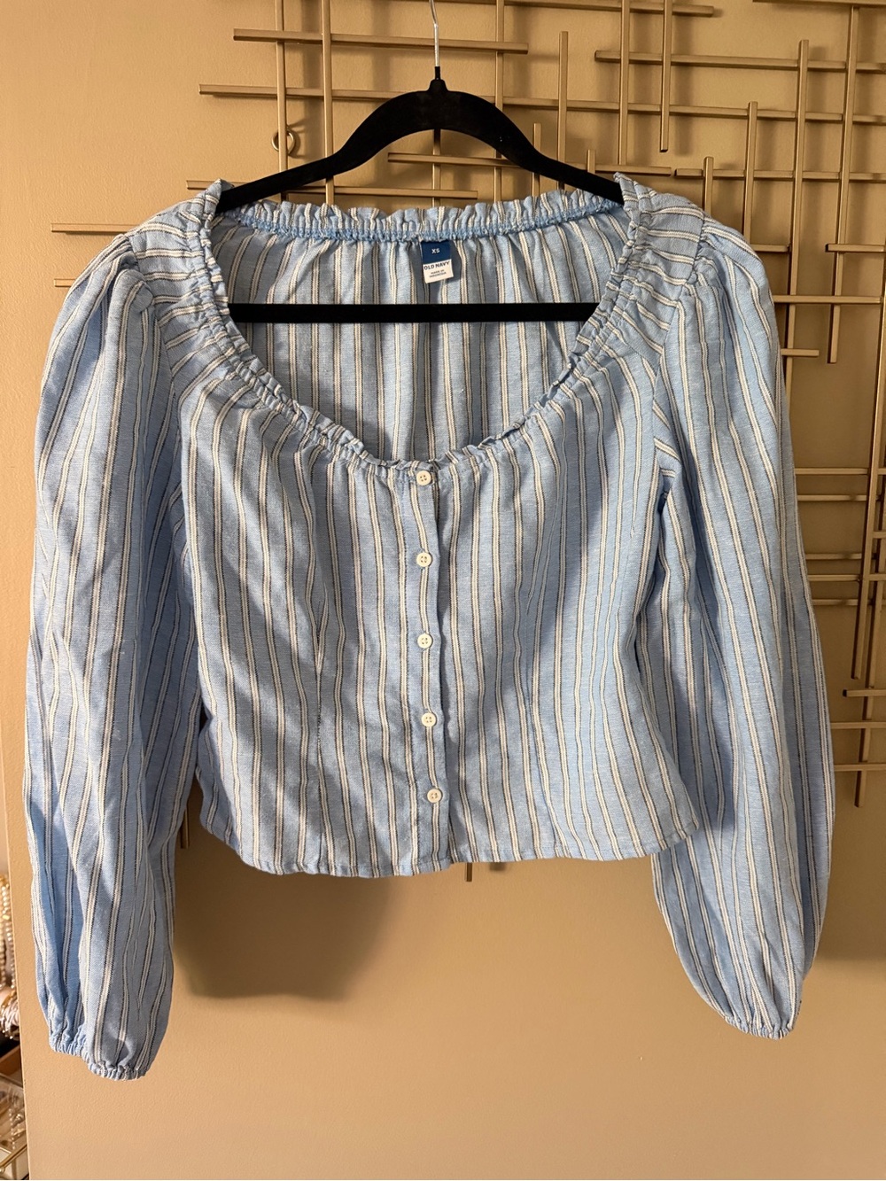Old Navy Blue and White Striped Button-Front Peasant Top